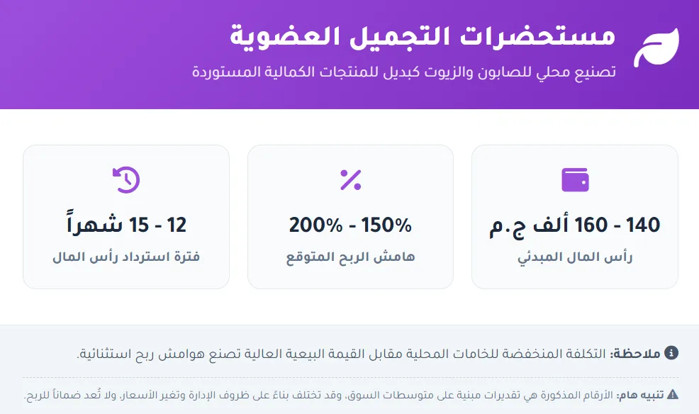 إنفوجراف يوضح تكاليف وأرباح مشروع مستحضرات التجميل العضوية في مصر، الصورة مولدة بالذكاء الاصطناعي