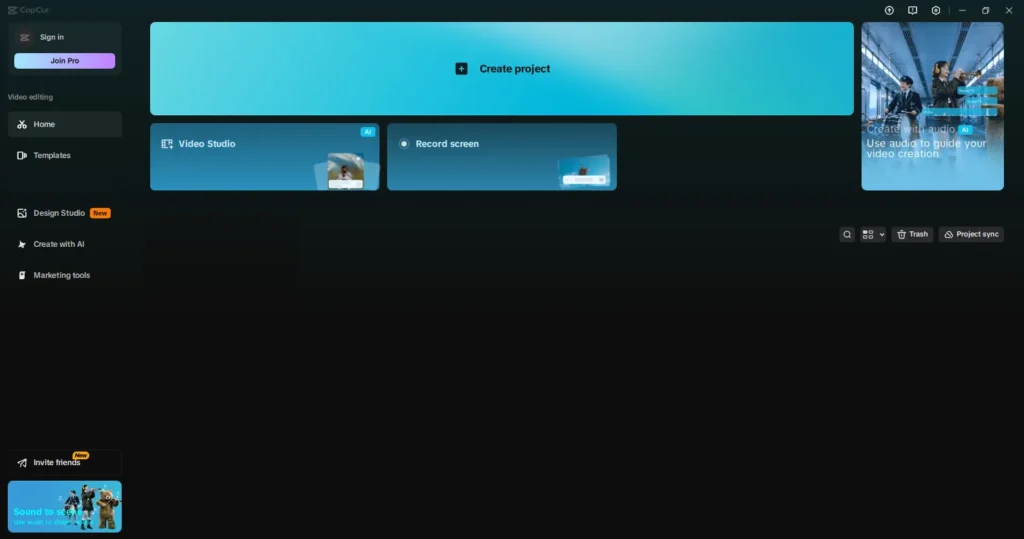 واجهة برنامج CapCut على الكمبيوتر
