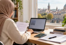 طالبة تراجع أوراق التقديم لمنحة إيراسموس موندوس على جهاز لابتوب، صورة مولدة بالذكاء الاصطناعي بواسطة كشيدة