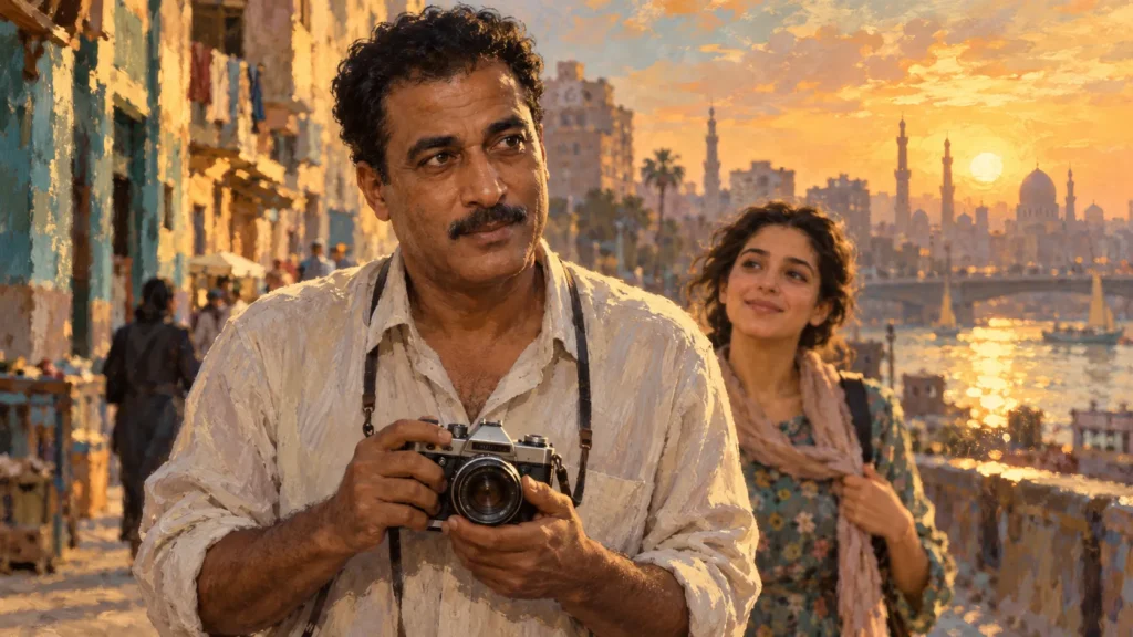 رسم تعبيري لأحمد زكي يحمل كاميرا، مستوحى من شخصية المصور سيد غريب في «اضحك الصورة تطلع حلوة»، وليس لقطة من الفيلم — إعداد كشيدة باستخدام ChatGPT؛ للاستخدام وفق شروط OpenAI.