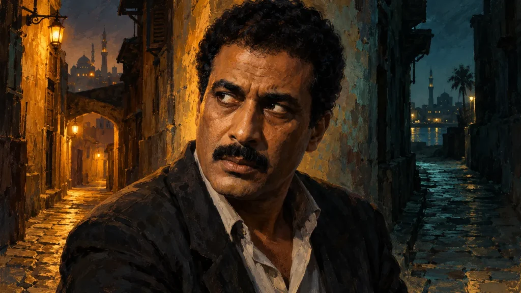 رسم تعبيري لأحمد زكي يستلهم أجواء الشك والهوية في «أرض الخوف»، وليس لقطة من الفيلم — إعداد كشيدة باستخدام ChatGPT؛ للاستخدام وفق شروط OpenAI.