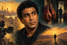 رسم تعبيري لأحمد زكي تحيط به عناصر تستلهم تنوع أدواره السينمائية، وليس صورة فوتوغرافية أو ملصقًا لأحد أفلامه — إعداد كشيدة باستخدام ChatGPT؛ للاستخدام وفق شروط OpenAI.