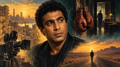 رسم تعبيري لأحمد زكي تحيط به عناصر تستلهم تنوع أدواره السينمائية، وليس صورة فوتوغرافية أو ملصقًا لأحد أفلامه — إعداد كشيدة باستخدام ChatGPT؛ للاستخدام وفق شروط OpenAI.