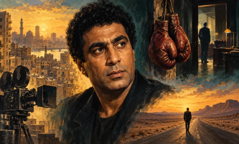رسم تعبيري لأحمد زكي تحيط به عناصر تستلهم تنوع أدواره السينمائية، وليس صورة فوتوغرافية أو ملصقًا لأحد أفلامه — إعداد كشيدة باستخدام ChatGPT؛ للاستخدام وفق شروط OpenAI.
