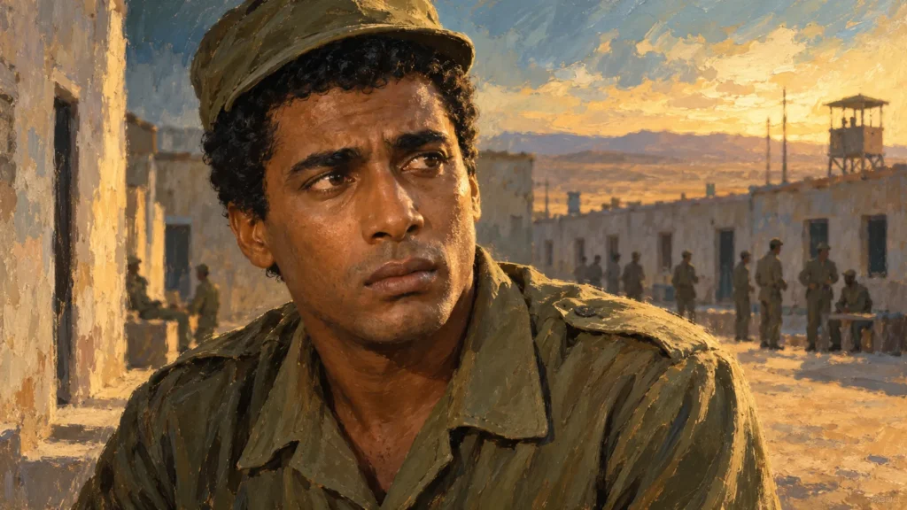 رسم تعبيري لأحمد زكي مستوحى من شخصية أحمد سبع الليل في «البريء»، وليس لقطة من الفيلم — إعداد كشيدة باستخدام ChatGPT؛ للاستخدام وفق شروط OpenAI.