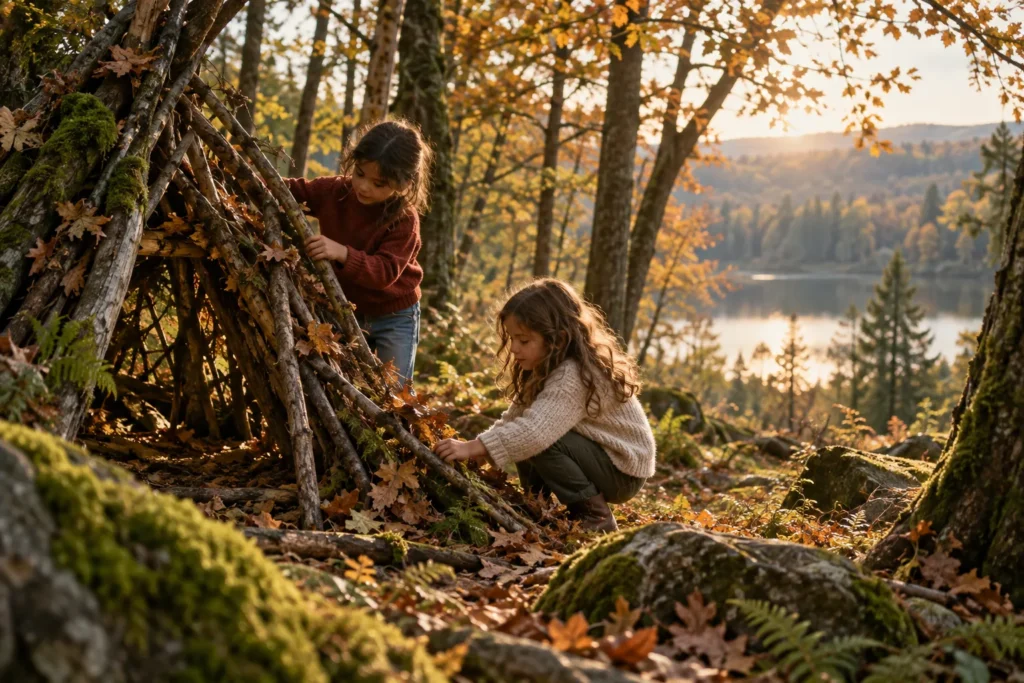 صورة تعبيرية لطفلتين تبنيان كوخًا من الأغصان وسط غابة خريفية، ترافق تناول Petite Maman — إعداد كشيدة باستخدام ChatGPT؛ للاستخدام وفق شروط OpenAI.