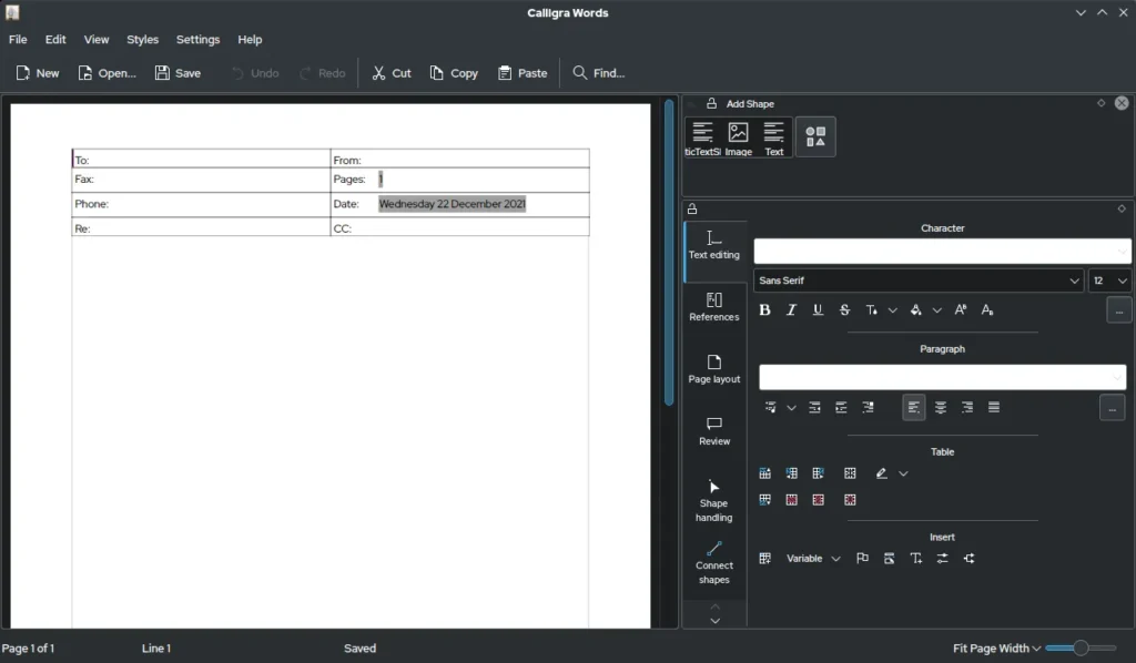 واجهة Calligra Words 3.2.1 لتحرير المستندات — لقطة من ديسمبر 2021 بواسطة VulcanSphere عبر ويكيميديا كومنز — الاستخدام وفق تراخيص GPL وLGPL الموضحة بصفحة المصدر.