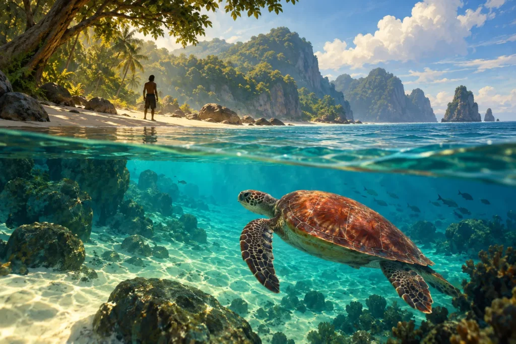 صورة تعبيرية لسلحفاة بحرية قرب جزيرة استوائية، تستحضر موضوعَي الطبيعة والنجاة في The Red Turtle — إعداد كشيدة باستخدام ChatGPT؛ للاستخدام وفق شروط OpenAI.