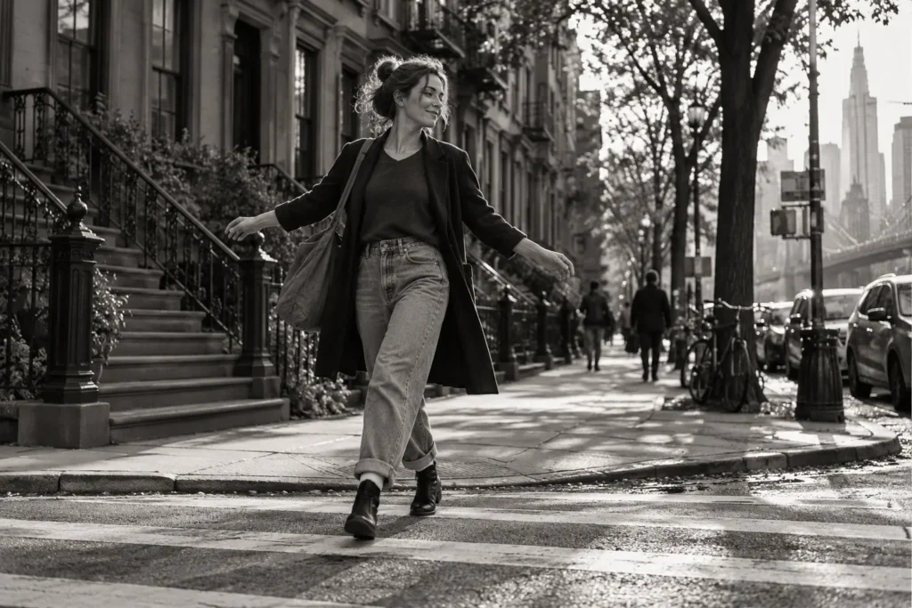 صورة تعبيرية بالأبيض والأسود لامرأة تتحرك بخفة في شارع بنيويورك، ترافق تناول Frances Ha — إعداد كشيدة باستخدام ChatGPT؛ للاستخدام وفق شروط OpenAI.