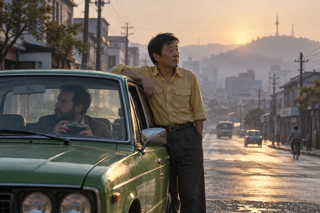 صورة تعبيرية عن رحلة سائق وصحفي، ترافق تناول A Taxi Driver؛ ليست توثيقًا لأحداث تاريخية — إعداد كشيدة باستخدام ChatGPT؛ للاستخدام وفق شروط OpenAI.