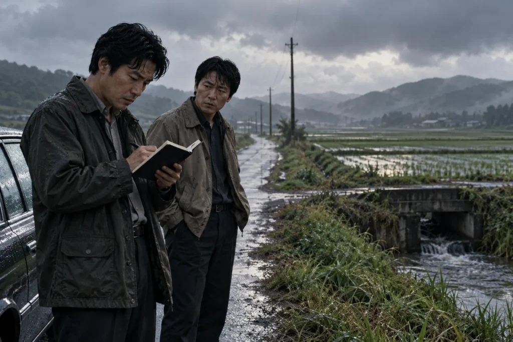 صورة تعبيرية عن التحقيق والبحث عن الأدلة في الريف، ترافق تناول Memories of Murder — إعداد كشيدة باستخدام ChatGPT؛ للاستخدام وفق شروط OpenAI.