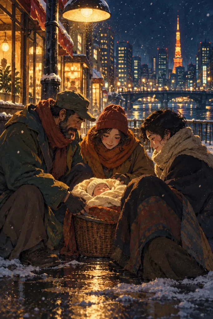 رسم تعبيري عن الرعاية والانتماء والعائلة غير التقليدية، بمناسبة تناول Tokyo Godfathers — إعداد كشيدة باستخدام الذكاء الاصطناعي.