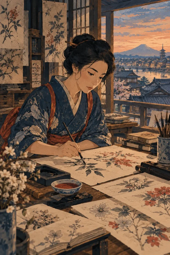 رسم تعبيري عن فنانة داخل مرسم ياباني تقليدي، بمناسبة تناول Miss Hokusai — إعداد كشيدة باستخدام الذكاء الاصطناعي.