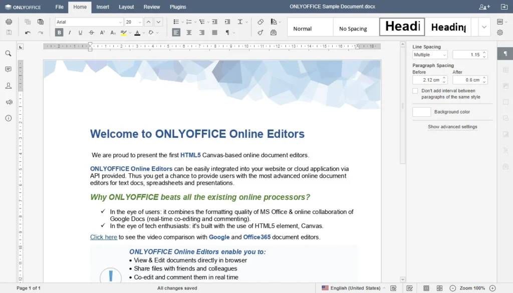 واجهة محرر المستندات عبر الويب في ONLYOFFICE عام 2019 — لقطة: Softwaregenius / ويكيميديا كومنز — متاحة وفق ترخيص GPL 2.0 أو أحدث.