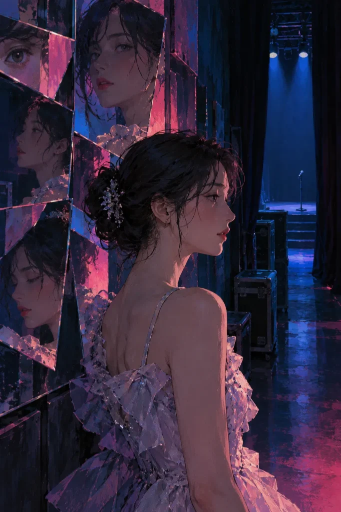 رسم تعبيري عن الصورة العامة والخصوصية واضطراب الهوية، موضوعات يناقشها Perfect Blue — إعداد كشيدة باستخدام الذكاء الاصطناعي.