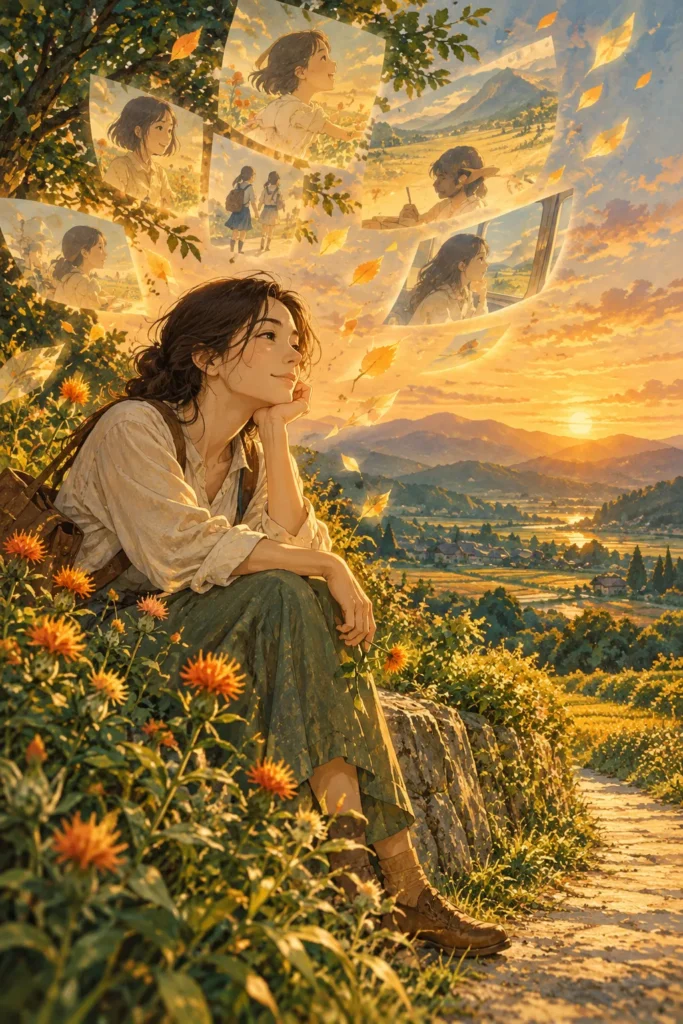 رسم تعبيري عن استعادة ذكريات الطفولة والتأمل في اختيارات الحياة، بمناسبة تناول Only Yesterday — إعداد كشيدة باستخدام الذكاء الاصطناعي.