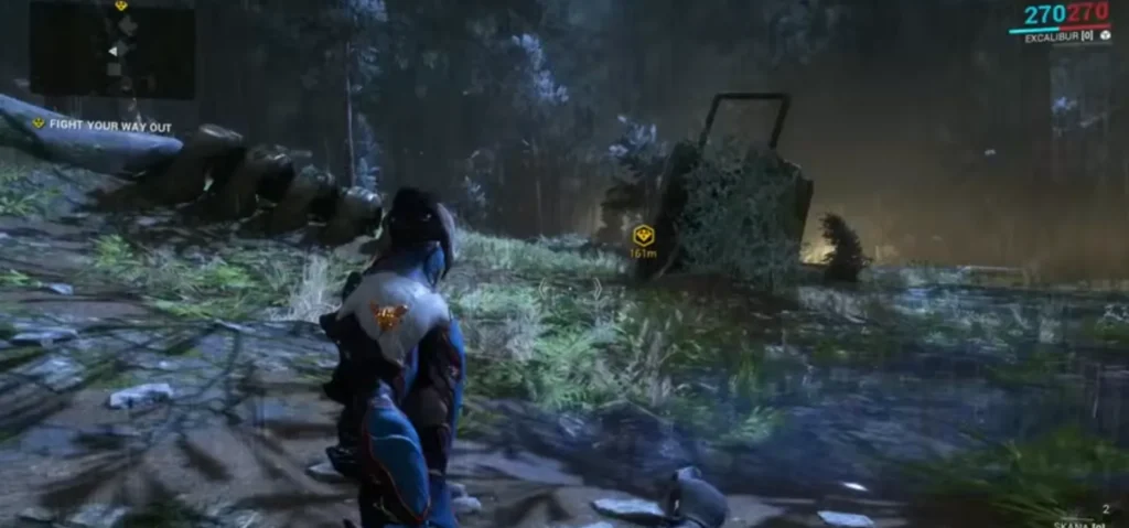 لقطة لعب في منطقة خارجية من Warframe — لقطة شاشة من تجربة فريق كشيدة — حقوق اللعبة محفوظة لـDigital Extremes.