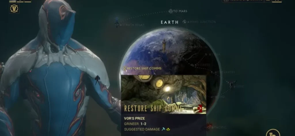 شاشة اختيار مهمة على كوكب الأرض في لعبة Warframe — لقطة شاشة من تجربة فريق كشيدة — حقوق اللعبة محفوظة لـDigital Extremes.
