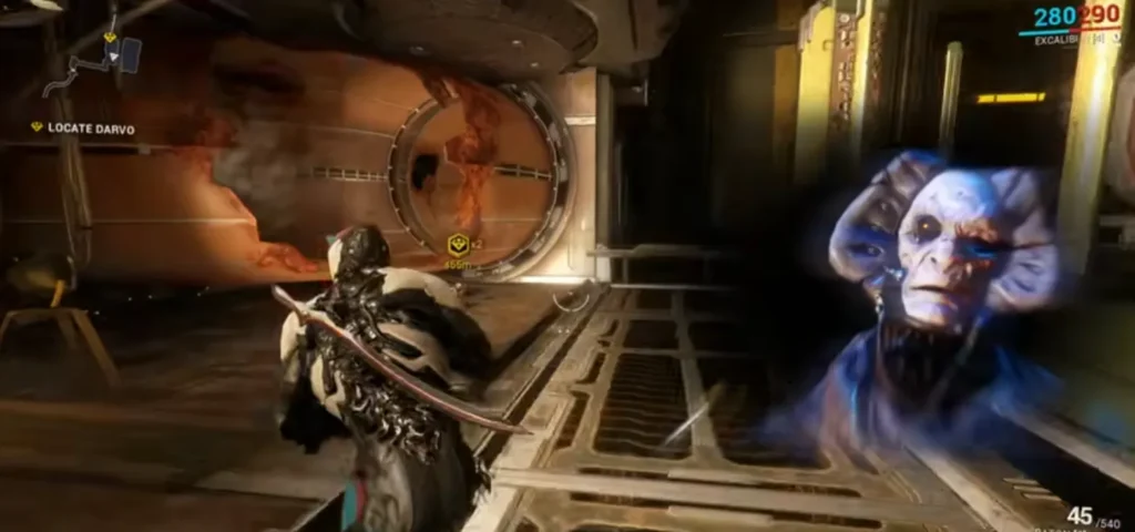 لقطة من مهمة داخل منشأة في لعبة Warframe — لقطة شاشة من تجربة فريق كشيدة — حقوق اللعبة محفوظة لـDigital Extremes.