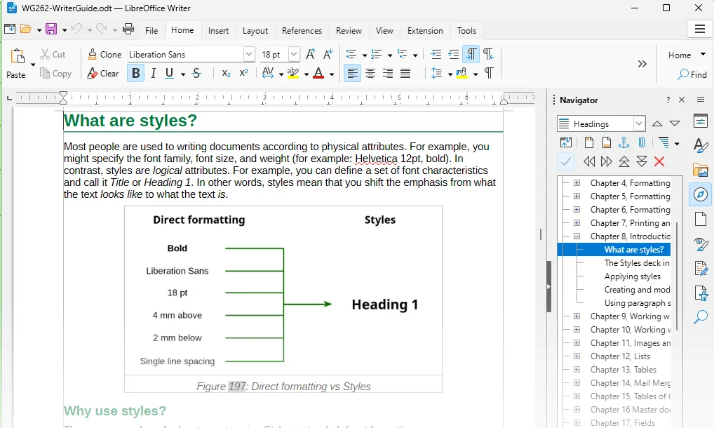 واجهة LibreOffice Writer تعرض أدوات تنسيق النصوص والأنماط — المصدر: موقع LibreOffice الرسمي / The Document Foundation — متاحة وفق ترخيص CC BY-SA 3.0 مع نسب المصدر والمشاركة بالمثل — اقتصاص: كشيدة.