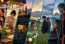كولاج تعبيري عن تنوع السينما الكورية بين الكوميديا والدراما والتحقيق والأكشن — إعداد كشيدة باستخدام ChatGPT؛ للاستخدام وفق شروط OpenAI.