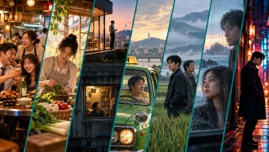 كولاج تعبيري عن تنوع السينما الكورية بين الكوميديا والدراما والتحقيق والأكشن — إعداد كشيدة باستخدام ChatGPT؛ للاستخدام وفق شروط OpenAI.
