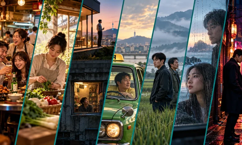 كولاج تعبيري عن تنوع السينما الكورية بين الكوميديا والدراما والتحقيق والأكشن — إعداد كشيدة باستخدام ChatGPT؛ للاستخدام وفق شروط OpenAI.
