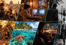 كولاج تعبيري يجمع أجواء الأفلام السبعة بين الكوميديا والتشويق والدراما والخيال — إعداد كشيدة باستخدام ChatGPT؛ للاستخدام وفق شروط OpenAI.