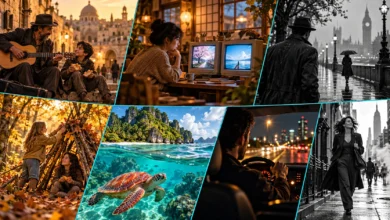 كولاج تعبيري يجمع أجواء الأفلام السبعة بين الكوميديا والتشويق والدراما والخيال — إعداد كشيدة باستخدام ChatGPT؛ للاستخدام وفق شروط OpenAI.