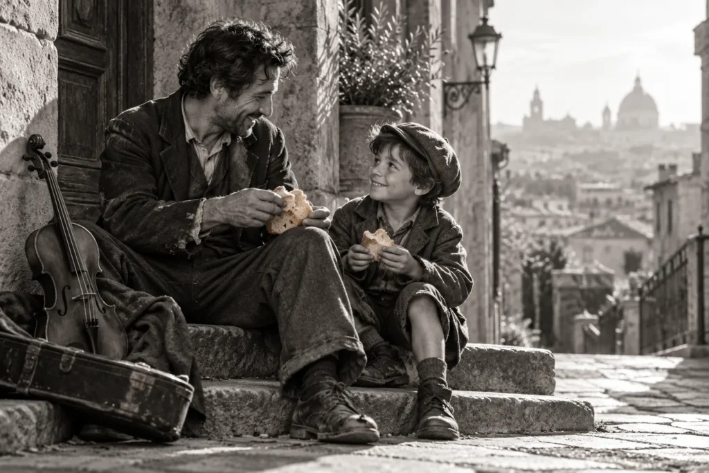 صورة تعبيرية بالأبيض والأسود عن الألفة والتكافل بين رجل وطفل، ترافق تناول The Kid — إعداد كشيدة باستخدام ChatGPT؛ للاستخدام وفق شروط OpenAI.