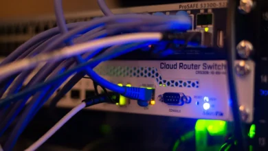 معدات شبكات متصلة بكابلات Ethernet — تصوير: Albert Stoynov / Unsplash، مستخدمة بموجب ترخيص Unsplash الذي يسمح بالاستخدام المجاني، بما فيه التجاري.